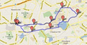 Bike route from Newton Free Library to Chestnut Hill Reservoir